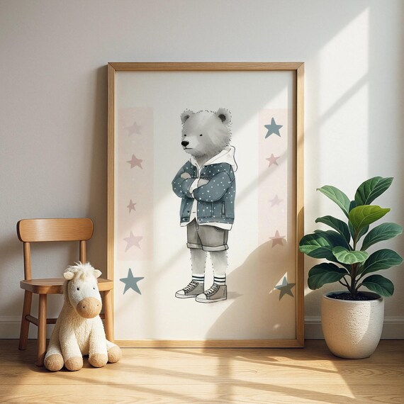 Cute Bear Star Hoodie Urban Style Kids Room Nursery Art Poster
