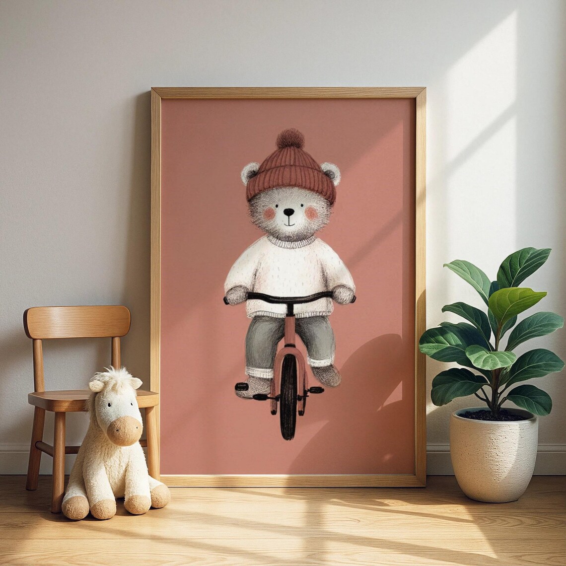 Cute Teddy Bear Riding Bike Winter Hat Starry Kids Nursery Poster