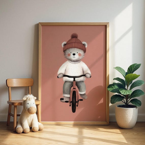 Bear On Bike Cute White Print Teddy Riding Bicycle In Winter Hat Wall Art Kids Room Decor