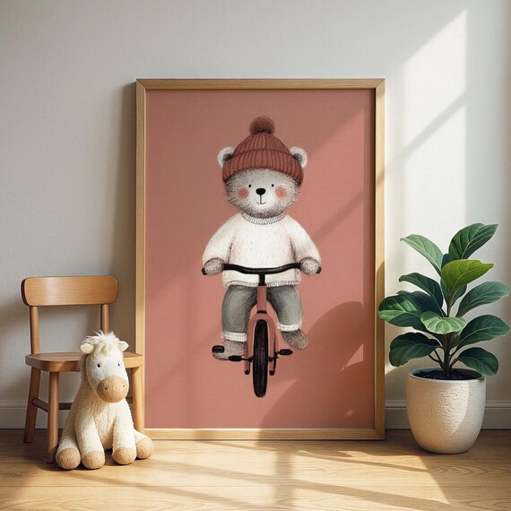 Cute Teddy Bear Riding Bike Winter Hat Starry Kids Nursery Poster