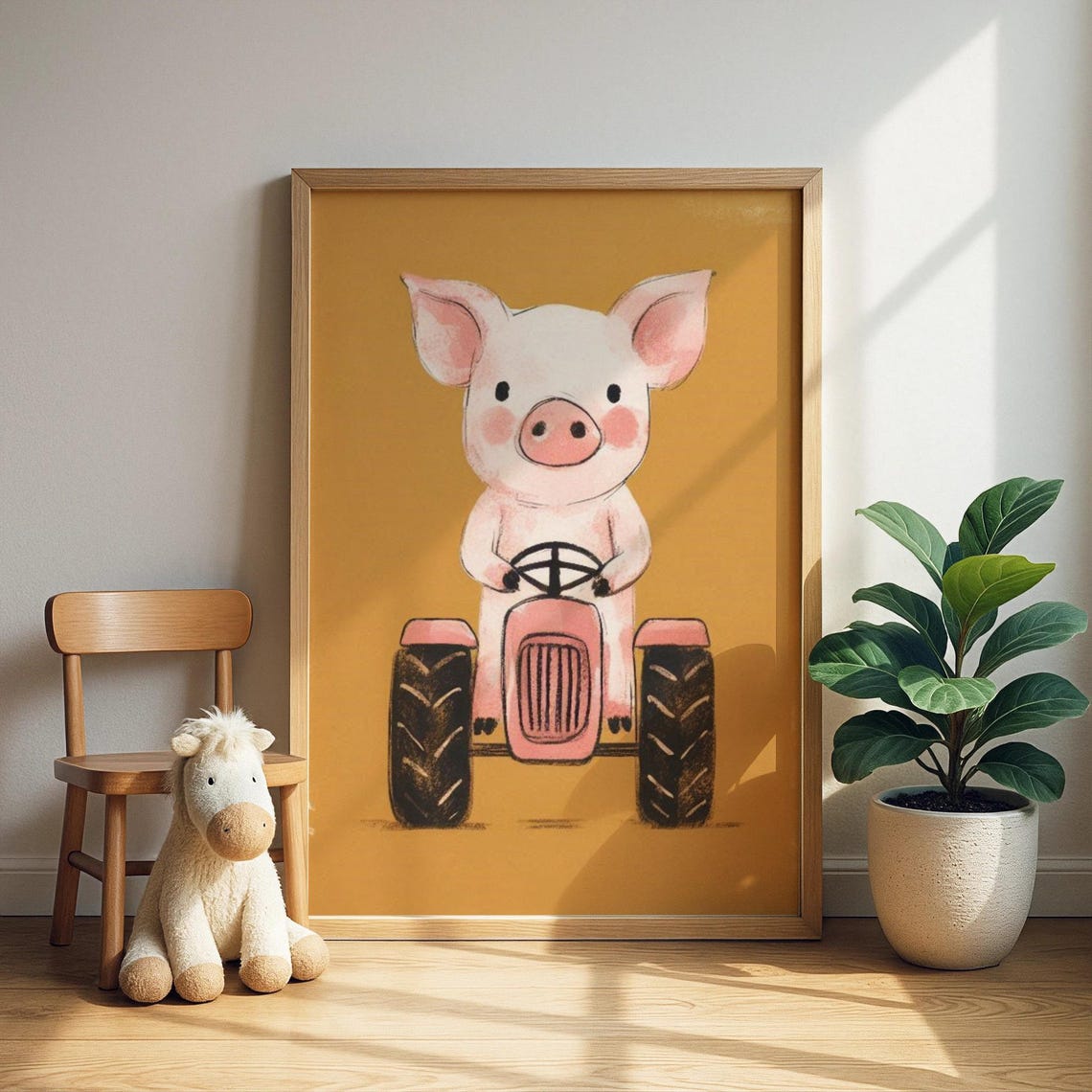 Pink Tractor Pig Print Adorable Driving Illustration Nursery Room Decor