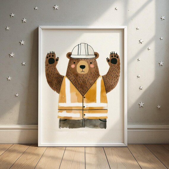 Bauxite Bear Construction Worker Wall Art Builder Animal Nursery Print Kids Room Decor