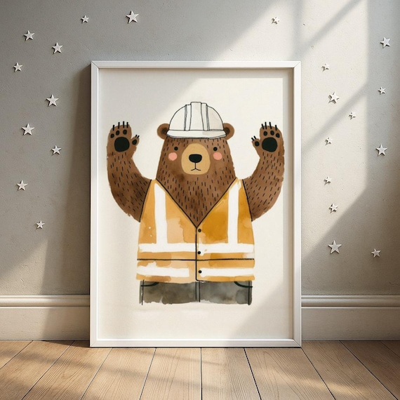 Construction Bear Worker Nursery Kids Room Builder Cute Art Print