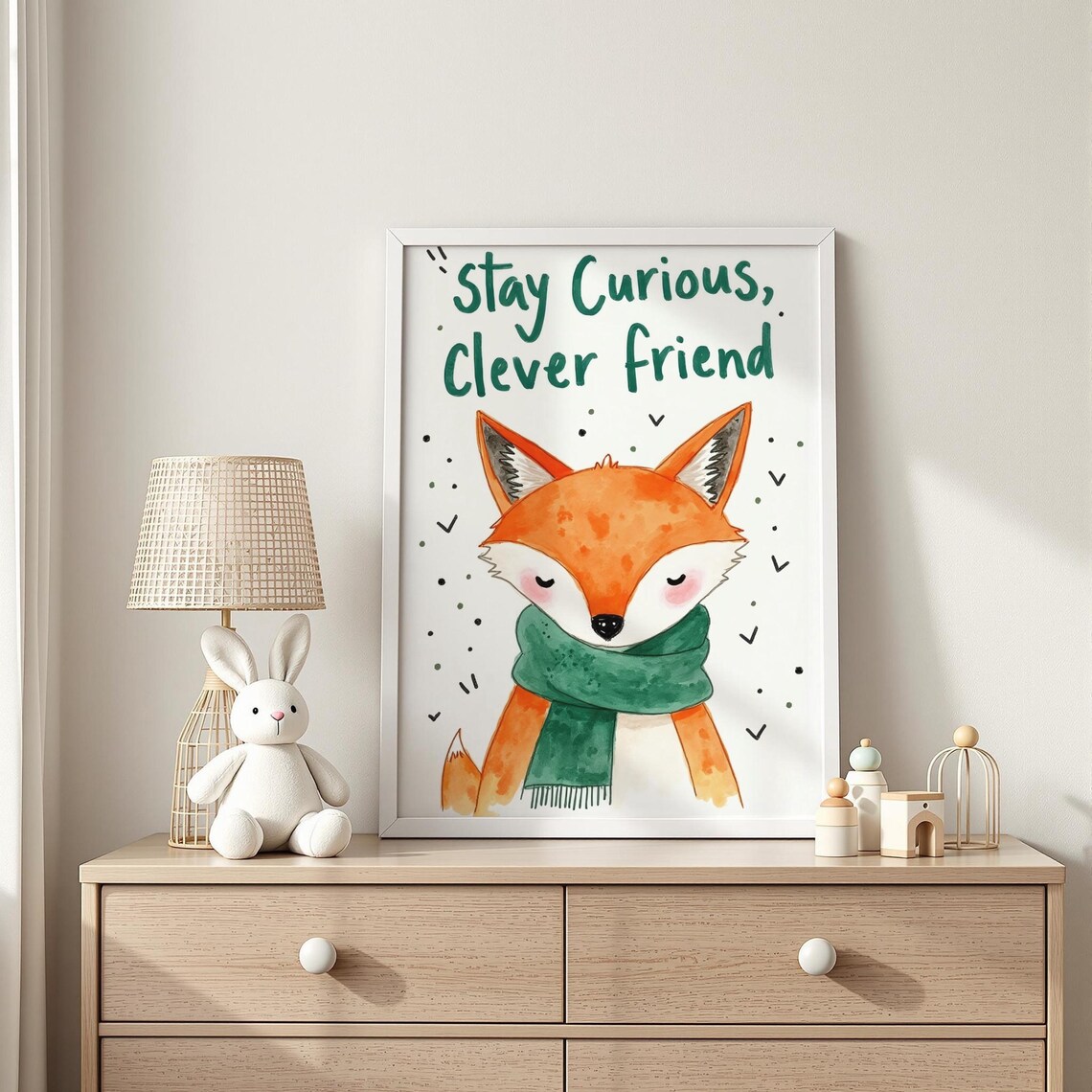 Stay Curious Clever Friend Fox In Scarf Quote Nursery Poster