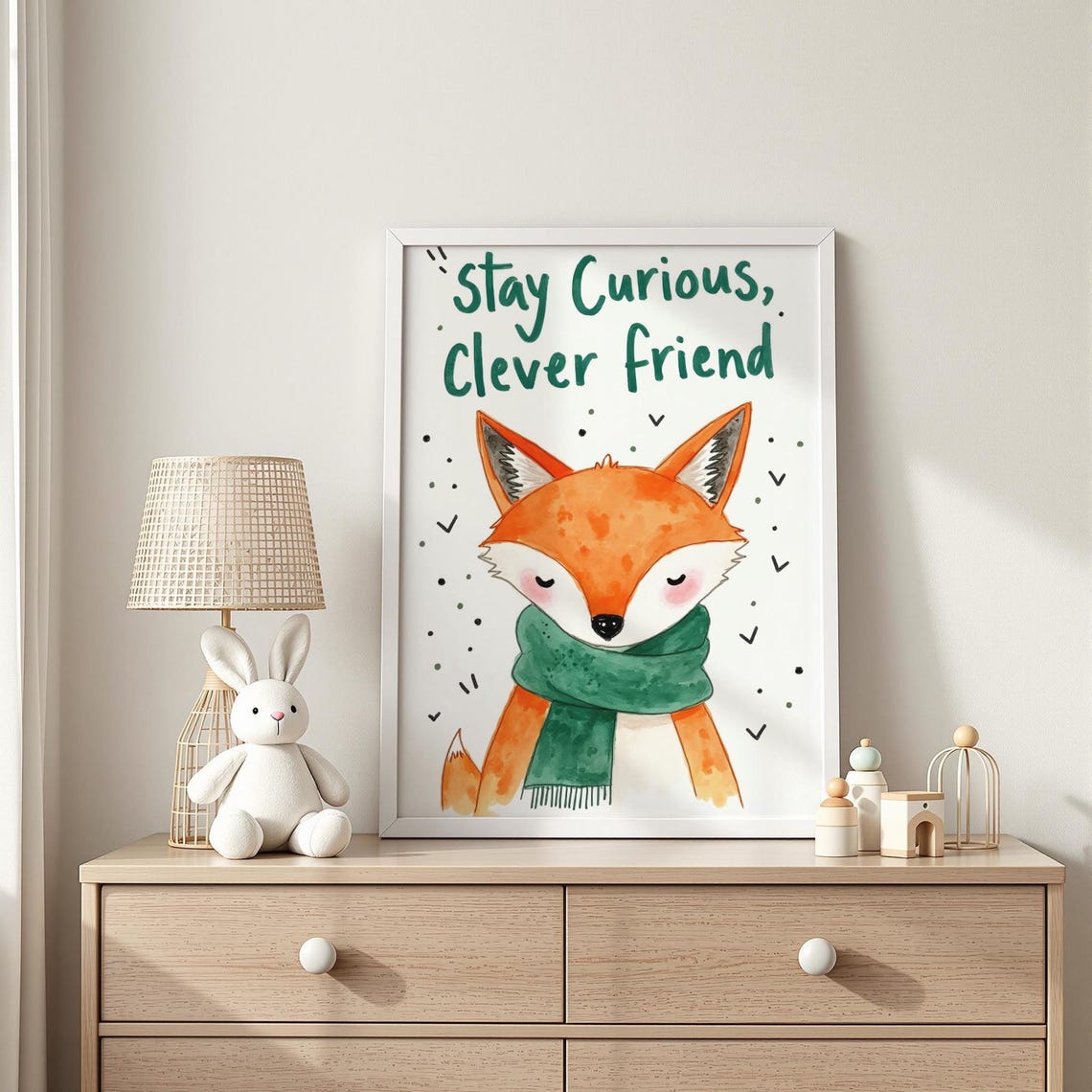 Stay Curious Clever Friend Fox Quote Art Inspirational Wall Decor Nursery