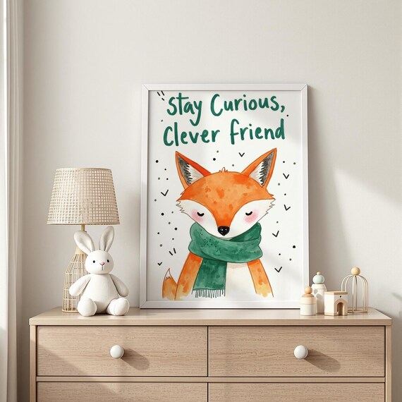 Stay Curious Clever Friend Fox Quote Art Inspirational Wall Decor Nursery