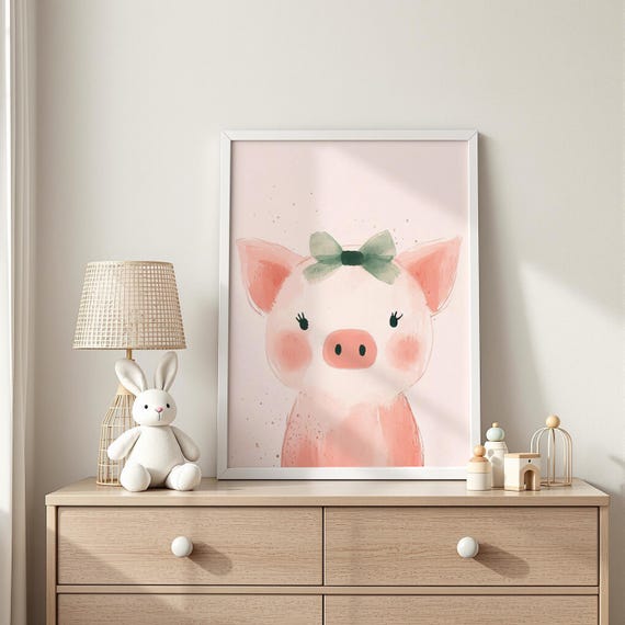 Cute Pink Pig Portrait Art Bowtied Piglet Nursery Print Baby Room Decor