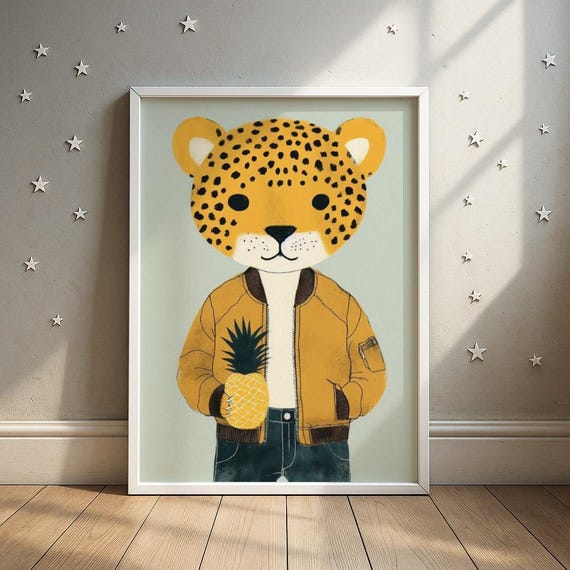 Pineappleholding Leopard Print Stylish Big Cat With Fruit Illustration Toddler Room Decor