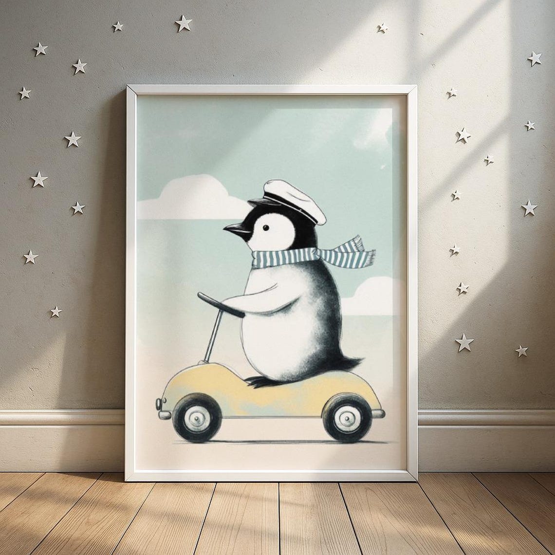 Penguin Driving Car Nursery Print Cute In Convertible Illustration Kids Room Decor