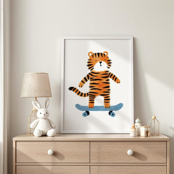 Skateboarding Tiger Art Cool On A Skateboard Print
