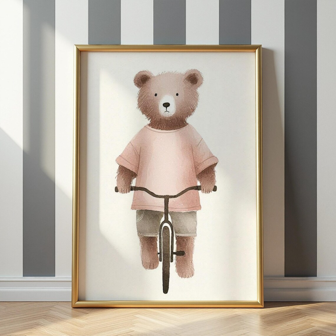 Cute Bear in Pink T Shirt Riding Bicycle Nursery Kids Wall Poster
