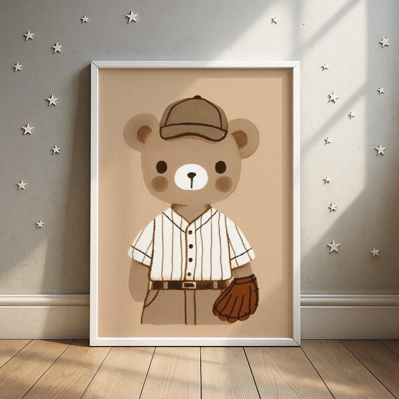 Cute Bear Baseball Cap Pinstripe Jersey Glove Nursery Art Poster