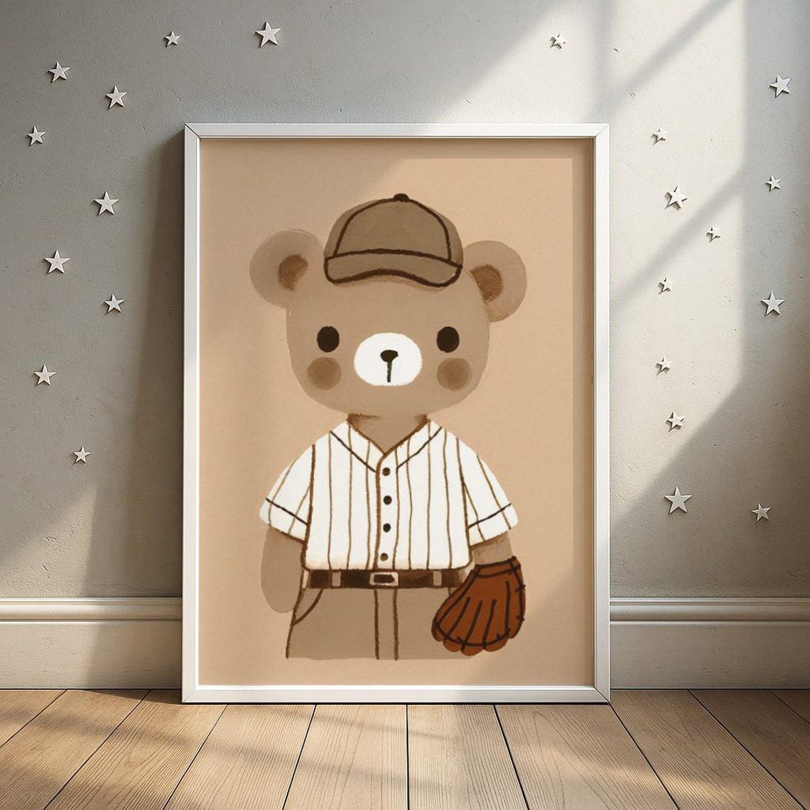 Cute Bear Baseball Cap Pinstripe Jersey Glove Nursery Art Poster