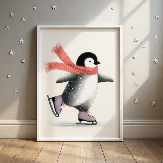 Ice Skating Penguin Art Print Scarfwearing On Illustration Kids Room Decor