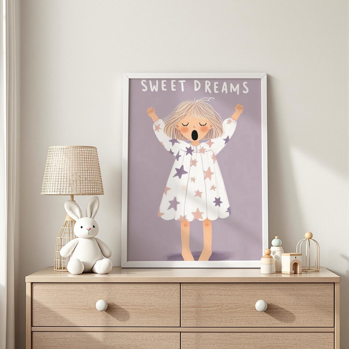 Sweet Dreams Yawning Girl In Starry Nightgown Bedtime Poster