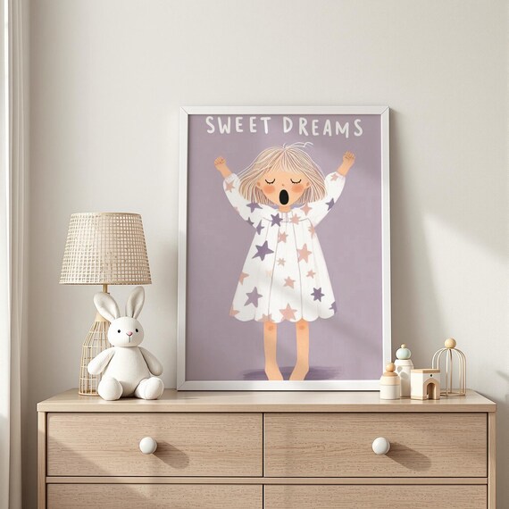 Sweet Dreams Yawning Girl In Starry Nightgown Bedtime Poster