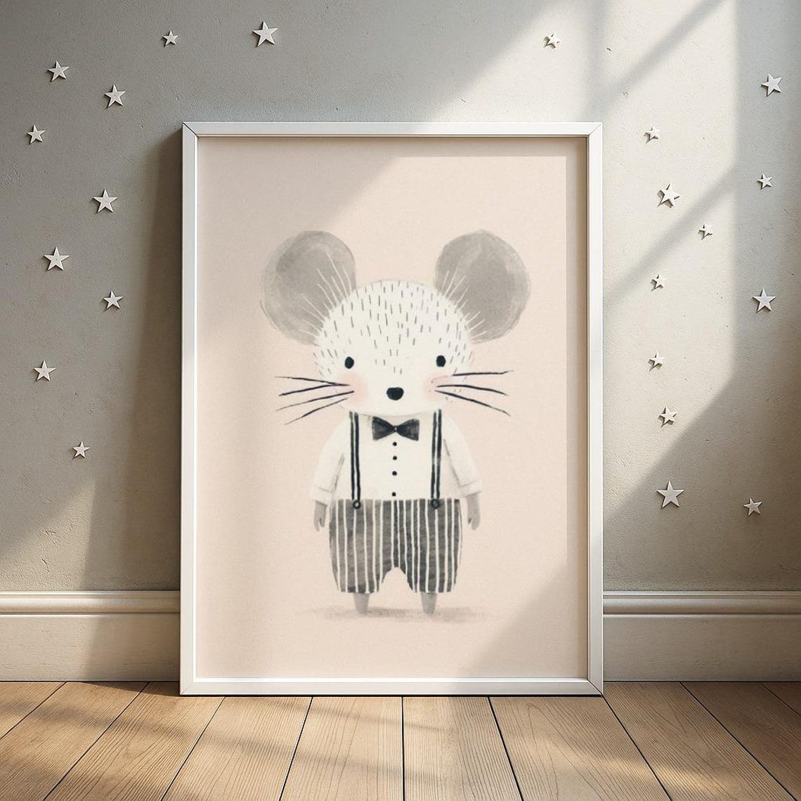 Serious Mouse Portrait Art Dapper In Suspenders Illustration Kids Room Decor
