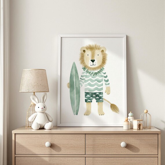 Surfing Lion Holding Surfboard Beach Theme Nursery Room Poster
