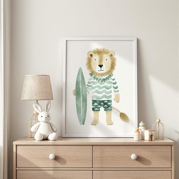 Surfing Lion Print Beach Nursery Poster Coastal Animal Decor