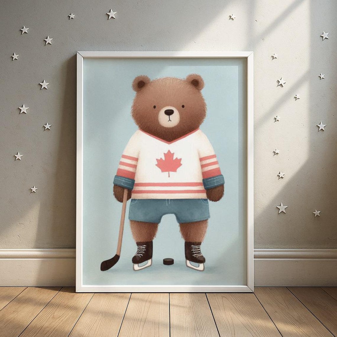 Cute Brown Bear Ice Hockey Player Maple Leaf Jersey Nursery Poster