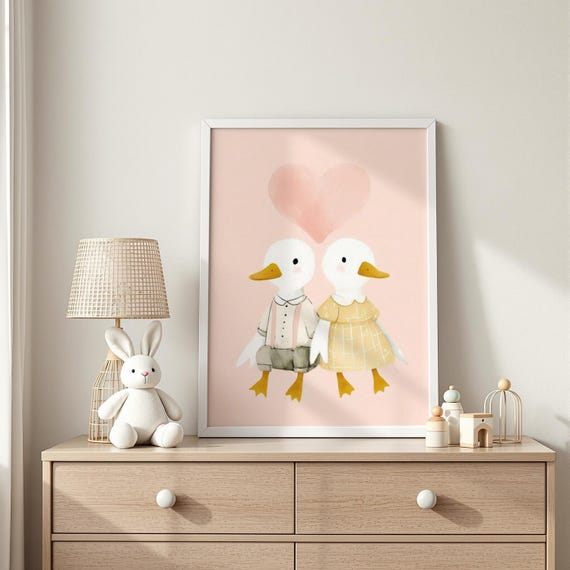 Two Loving Ducks Illustration Duck Couple Nursery Print
