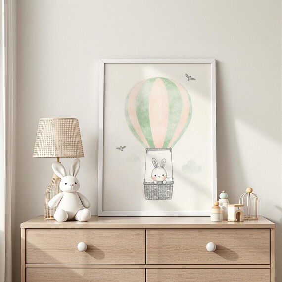 Cute Bunny Hot Air Balloon Green Pink Watercolor Nursery Poster