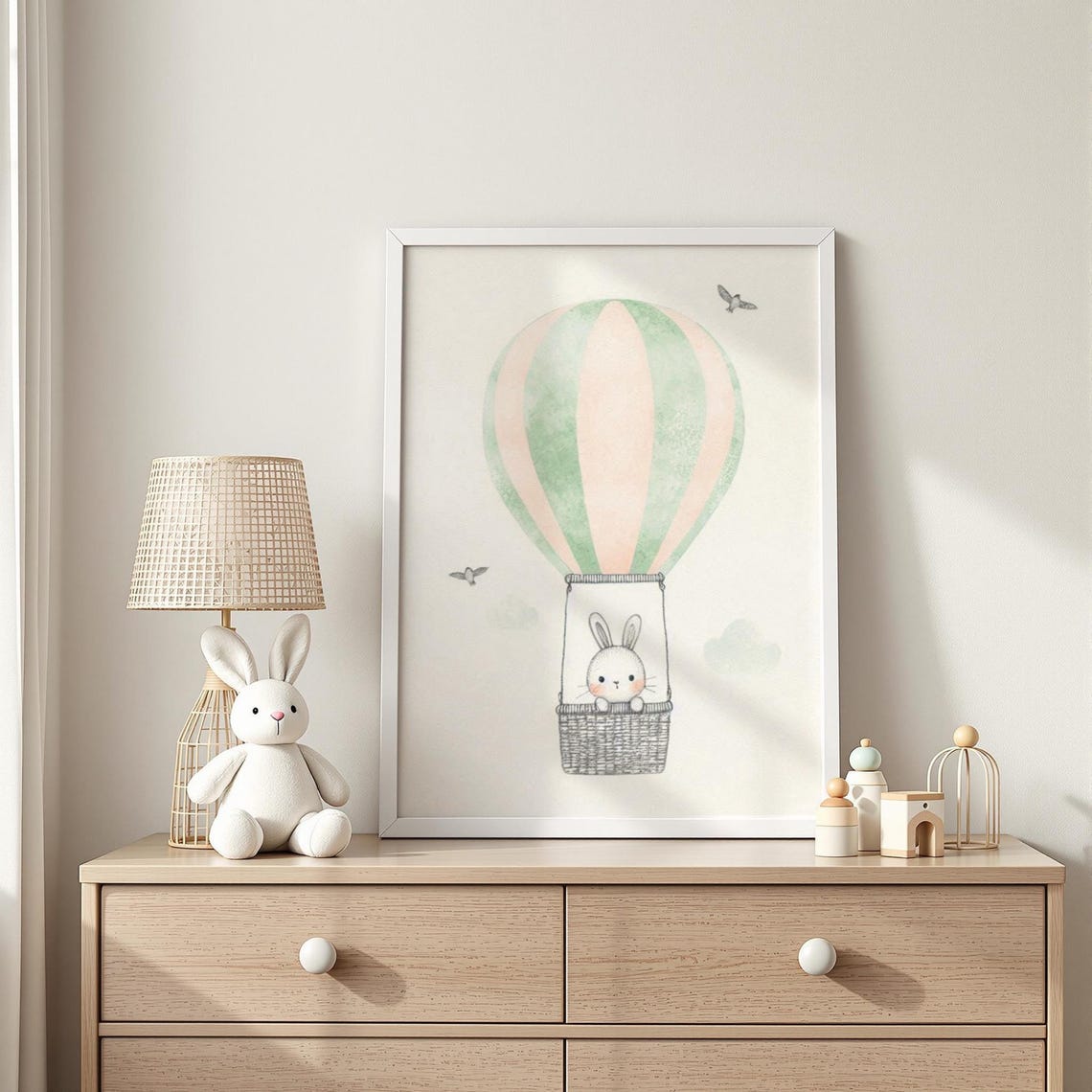Rabbit In Hot Air Balloon Print Whimsical Skyborne Bunny Illustration Baby Room Decor