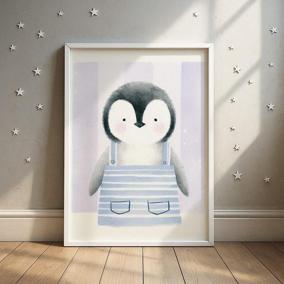 Striped Overalls Penguin Print In Frontview Illustration Baby Room Decor
