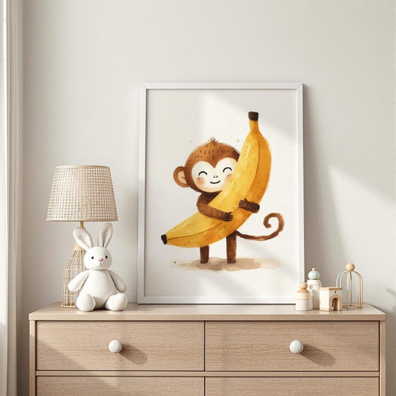 Bananahugging Monkey Wall Art Playful Primate With Fruit Illustration Toddler Room Decor