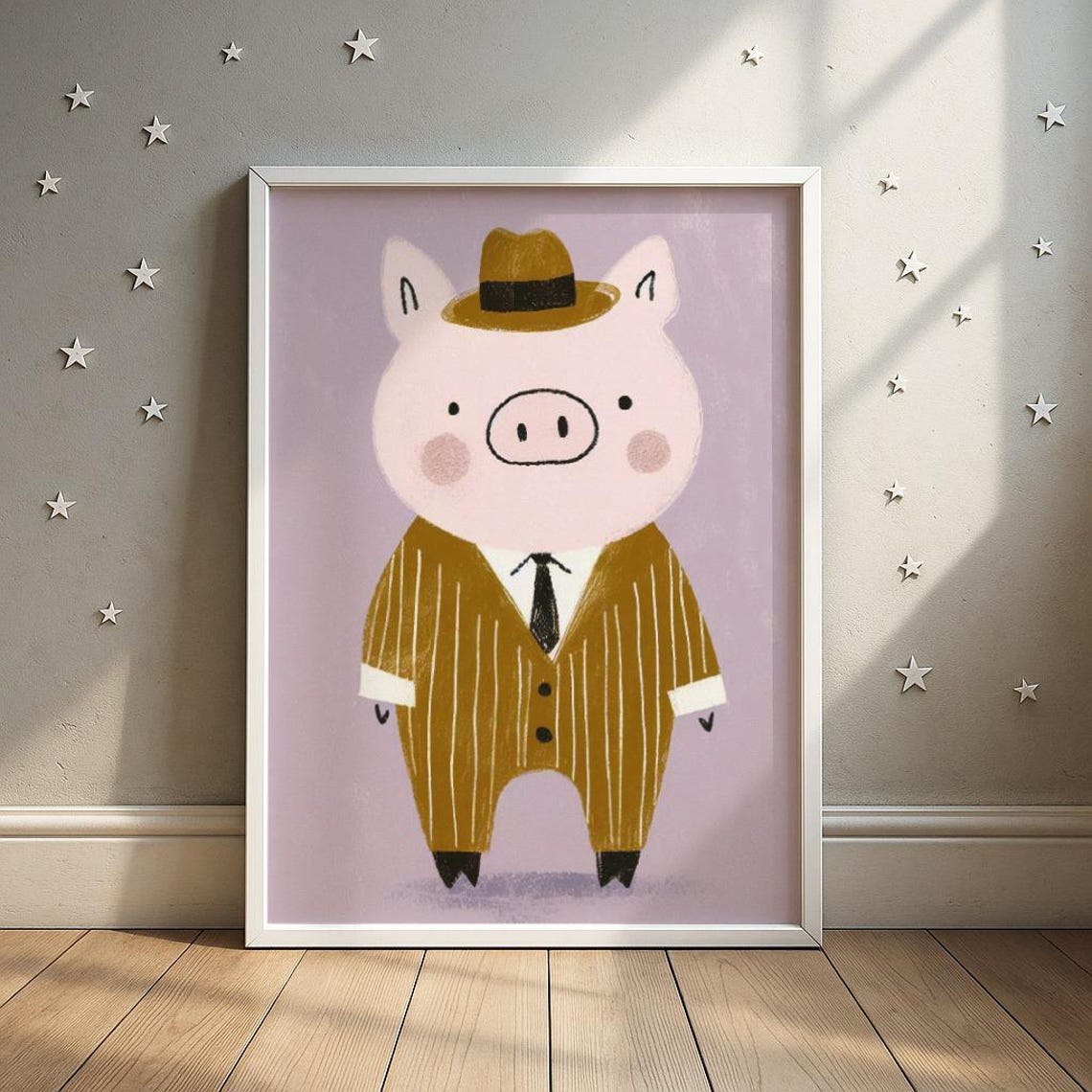 Dapper Pig In Suit Nursery Art Stylish Piglet Portrait Illustration Kids Room Decor