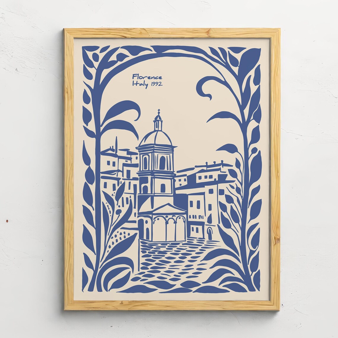 Florence Italy 1992 Blue Ink Piazza Botanical Travel Art Poster