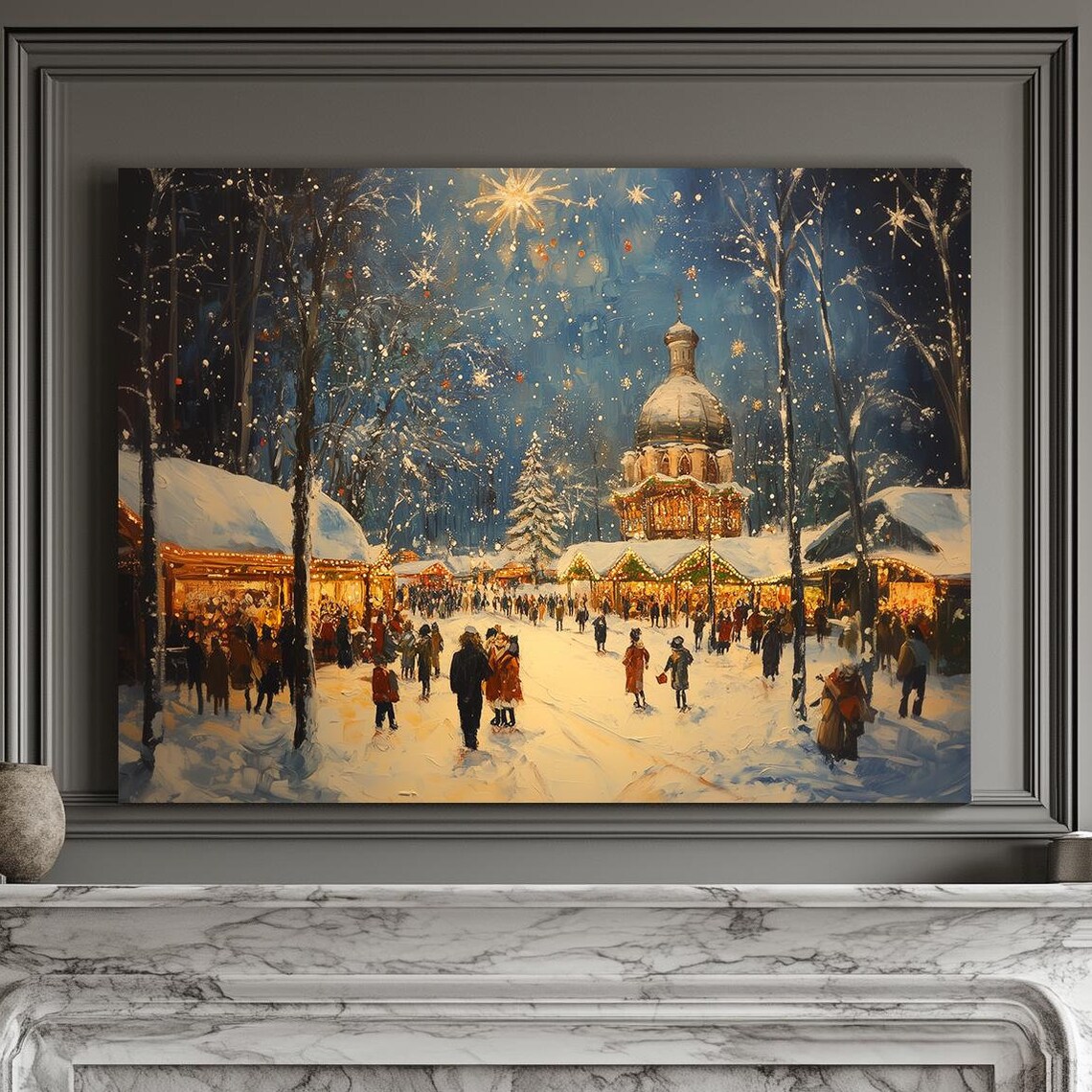 Winter Festival Market Under Sparkling Night Sky With Crowds And Lights Print