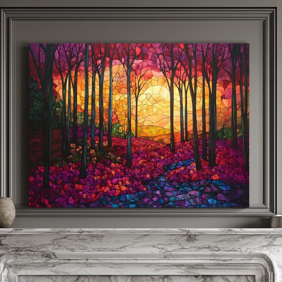 Vivid Stained Glass Red Forest Sunset Landscape Colorful Wall Art