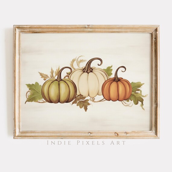 Three Pumpkins Fall Still Life Green White Orange Farmhouse Poster