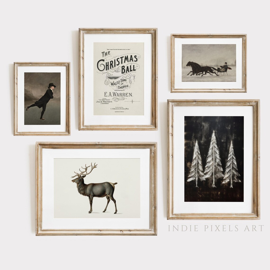 Vintage Christmas Gallery Wall Art Set of 5 Skater Sleigh Music
