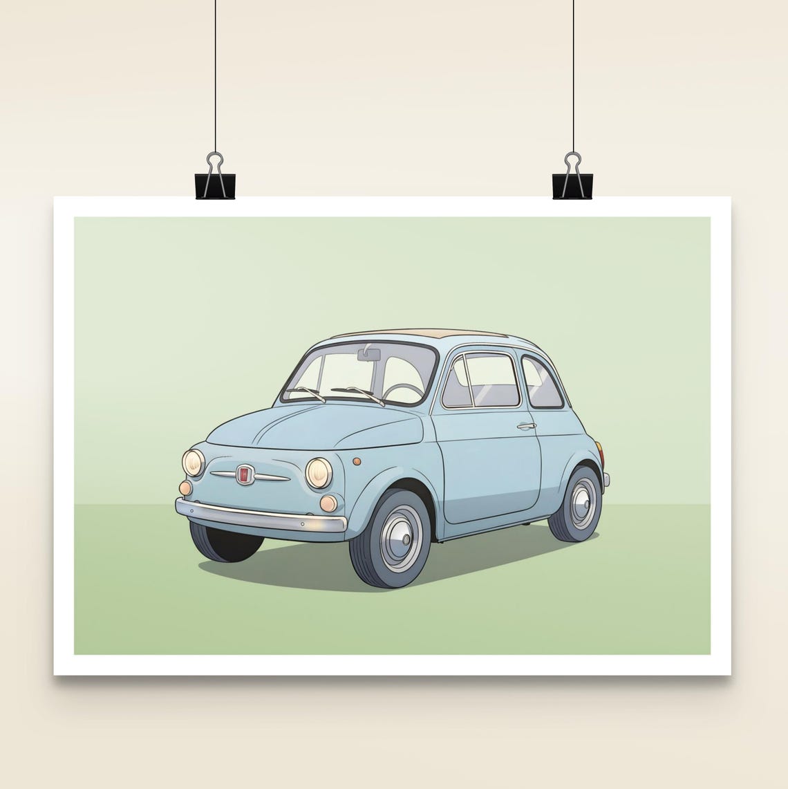 Fiat 500 Baby Blue Vintage Car Front Illustration Retro Poster