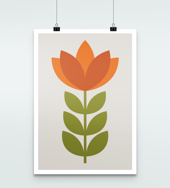 Retro Flower Orange Floral Poster Mid Century Modern Wall Art Minimalist