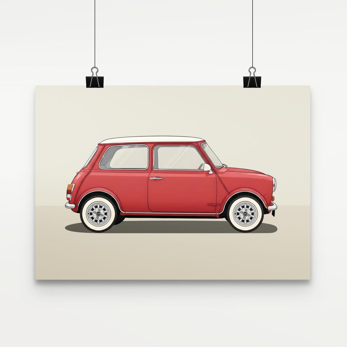Red Mini Cooper Classic British Car Side View Illustration Poster
