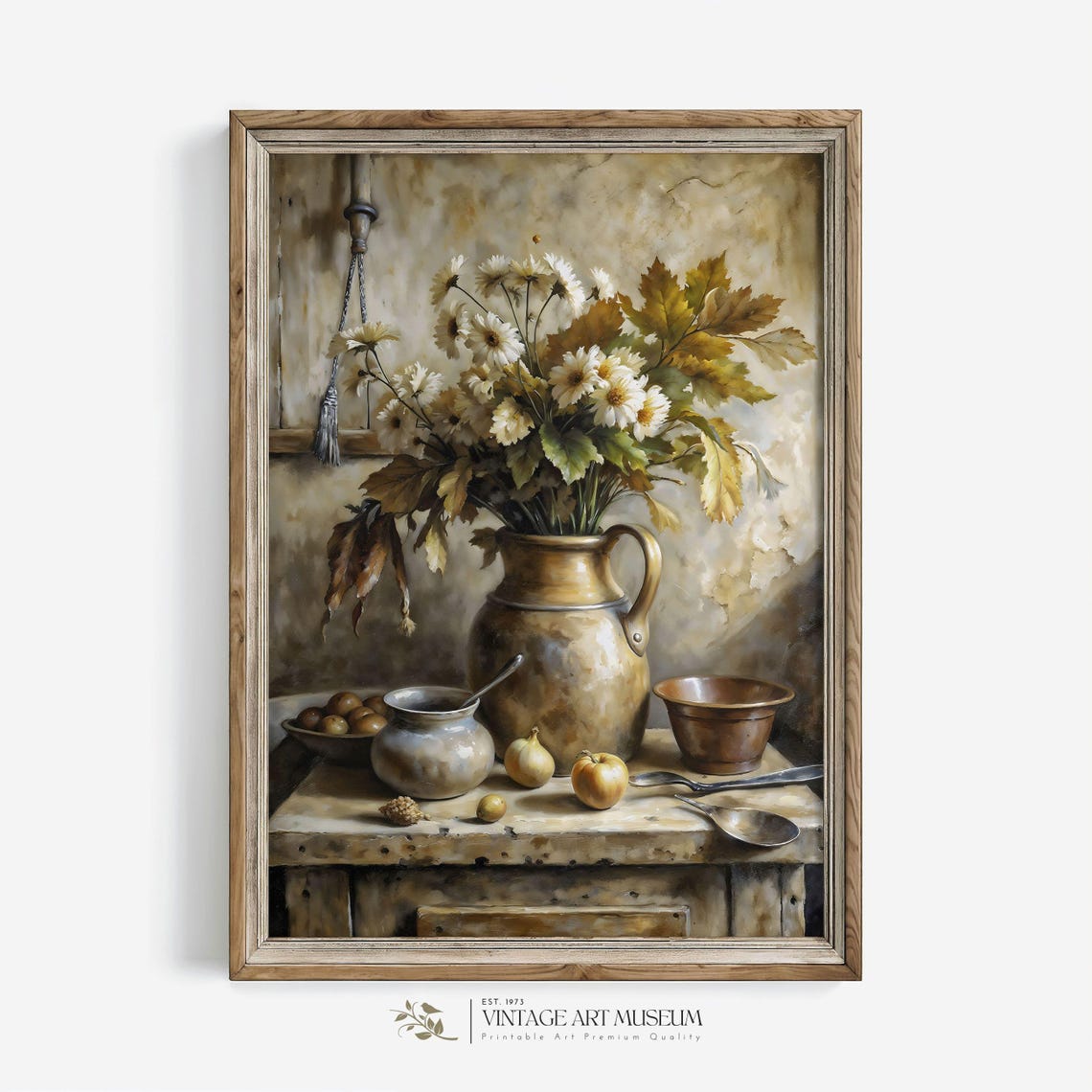 Rustic Daisy Still Life Clay Pitcher Onions Country Kitchen Poster