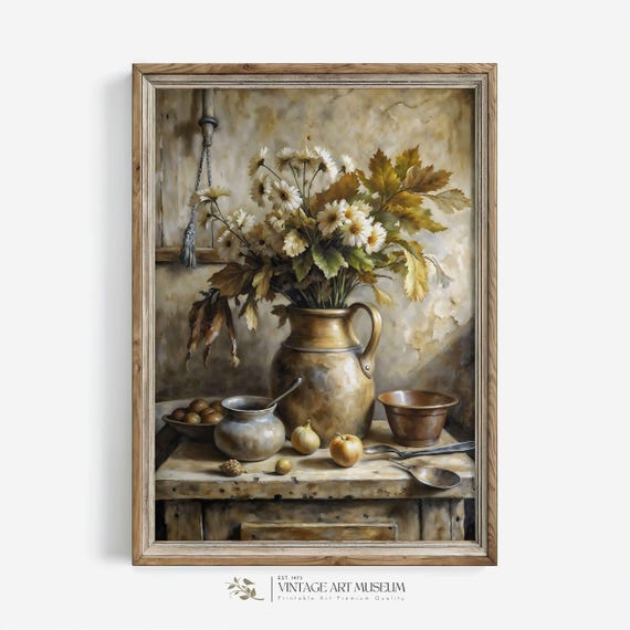 Autumn Still Life Daisies Flowers Print Vintage Floral Moody Wall Art Painting Cottagecore Rustic Cozy Decor 376