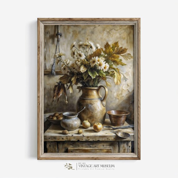 Rustic Daisy Still Life Clay Pitcher Onions Country Kitchen Poster
