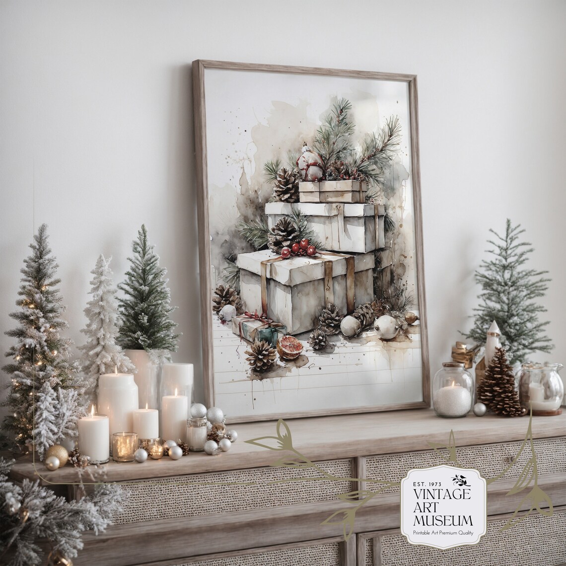 Neutral Christmas Still Life Watercolor Art Print - Image 3