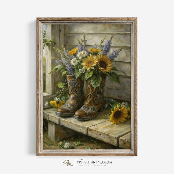 Cowgirl Boots With Wildflowers, Vintage Art Print