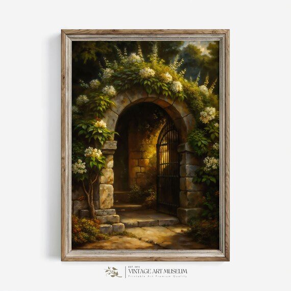 Old Stone Garden Gate with Flowering Vines Vintage Oil Painting Wall Art