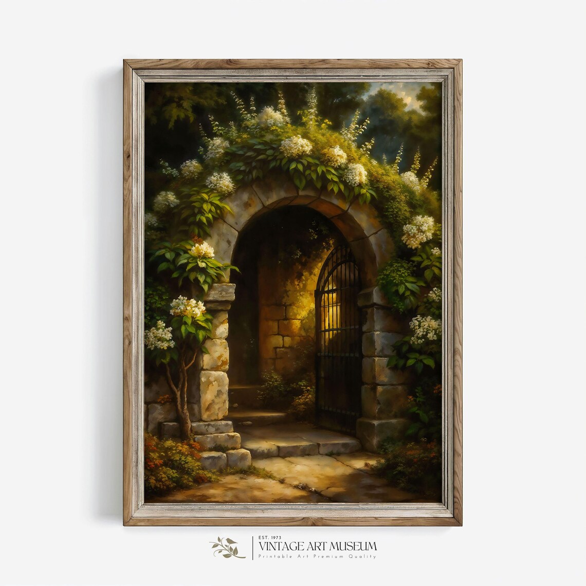 Old Stone Garden Gate with Flowering Vines Vintage Oil Painting Wall Art