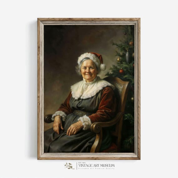 Portrait Of Mrs Claus Christmas Wall Art Print Moody Winter Decor Vintage Oil Painting Dark Cottagecore Holiday Artwork 561