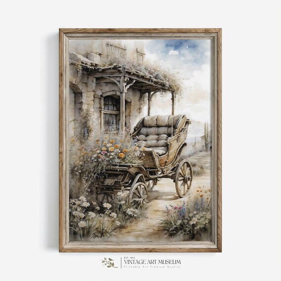 Antique Horse Carriage by Stone Cottage Watercolor Vintage Wall Art