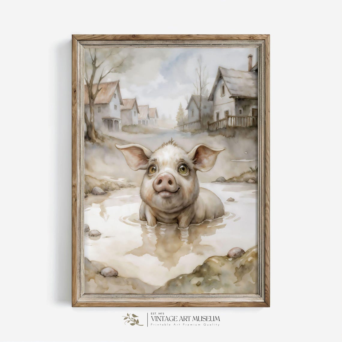 Cute Pig In Puddle Print Funny Nursery Wall Art Vintage Style Kids Decor 587 - Image 3