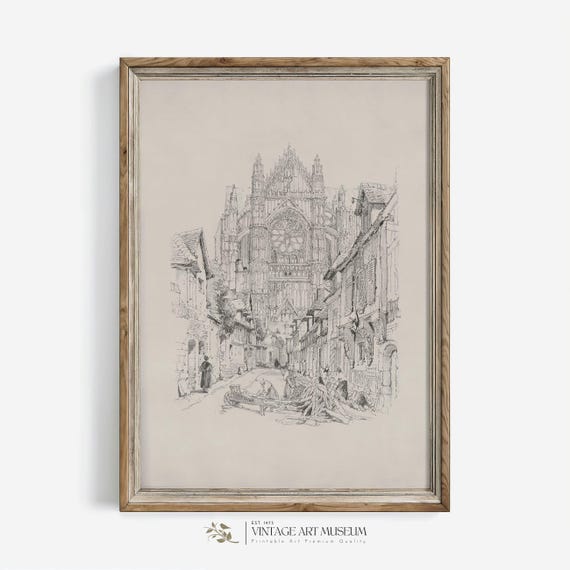 Elegant French Cathedral Sketch Neutral Wall Decor Vintage Architecture Print Antique Drawing Wall Art 174