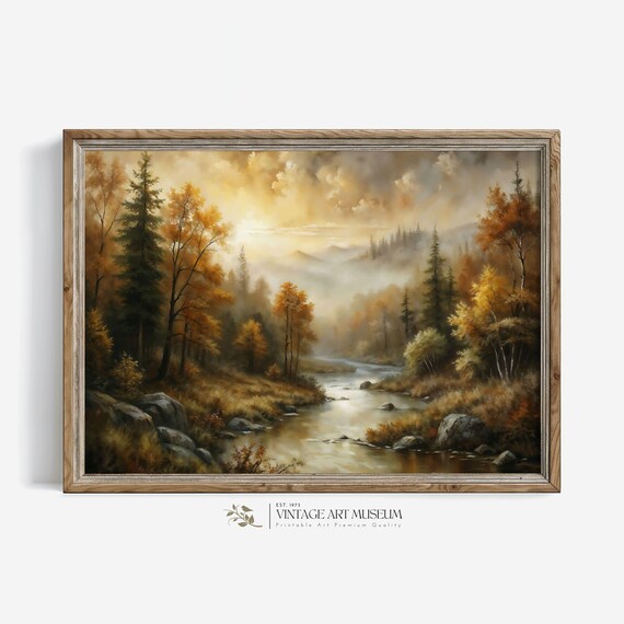 Autumn Forest River Landscape, Vintage Oil Painting Print